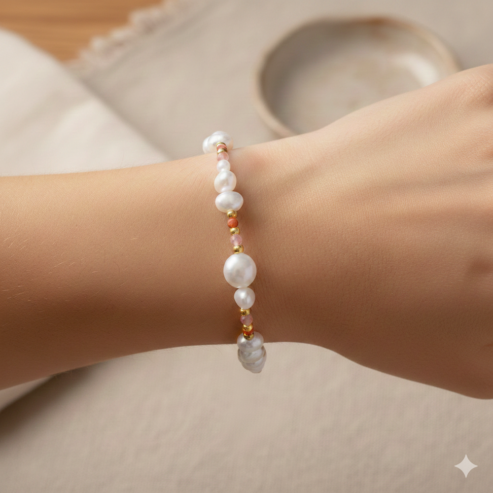 Detaljeret nærbillede af Alexa armbåndet i forgyldt 925 sterling sølv placeret i et varmt boheme-miljø med sand og creme-toner.