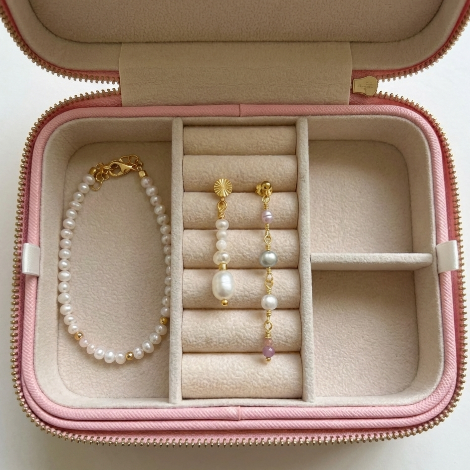 Åbent smykkeskrin set oppefra med beige velour-indtræk. Viser organisering af perlearmbånd og guldøreringe i de separate rum og riller